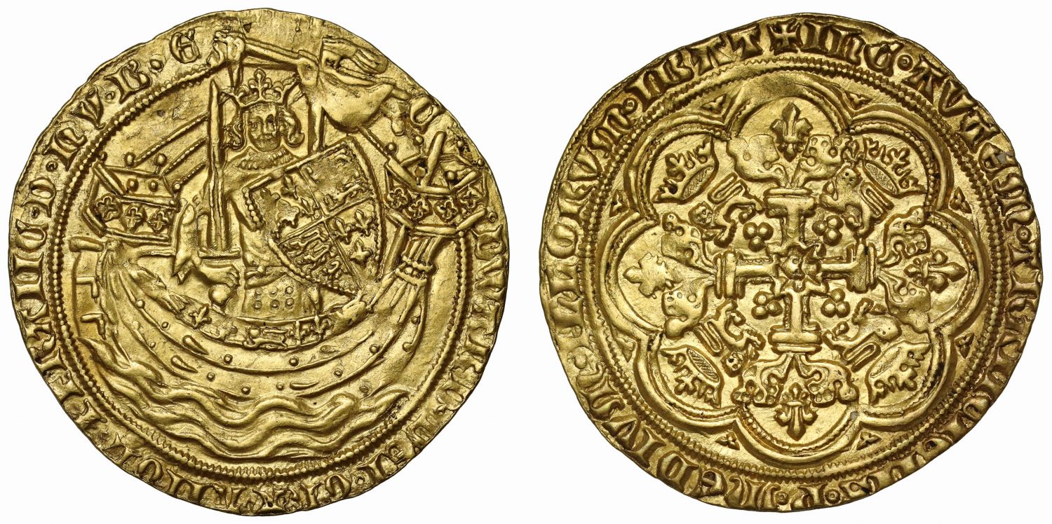 Edward III gold Noble, 4th Coinage, Pre Treaty Period, Series G, no REX legend, MS62