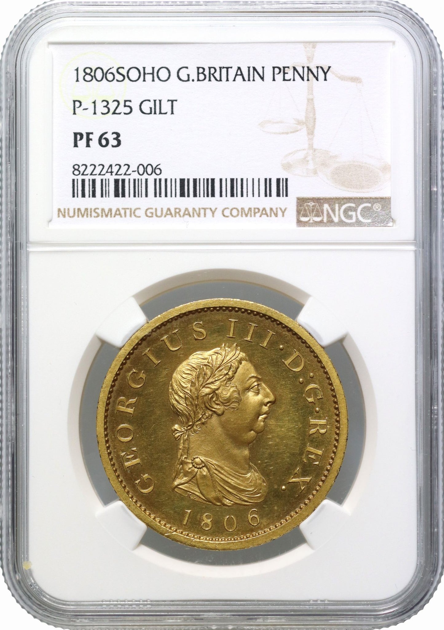 George III 1806 copper gilt proof Penny, late Soho Mint, PF63