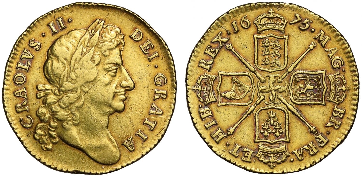 Charles II 1675 Guinea, CRAOLVS spelling error of King's name, best survivor