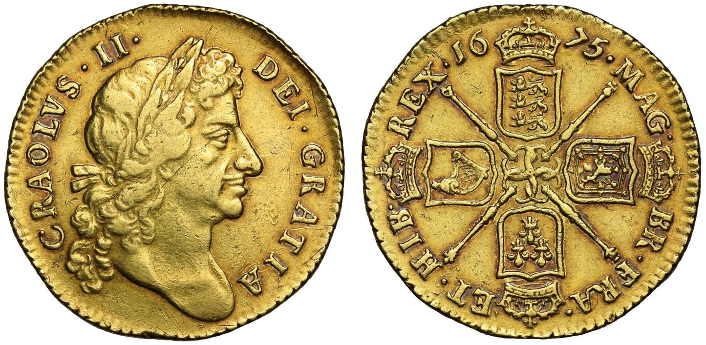 Charles II 1675 Guinea, CRAOLVS spelling error of King's name, best survivor