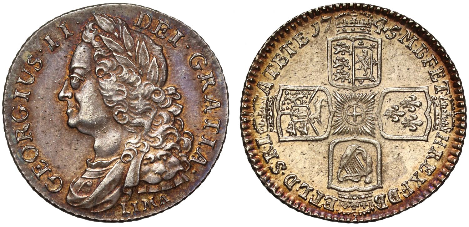 George II 1745 LIMA Shilling, older head, made from captured silver NGC AU58
