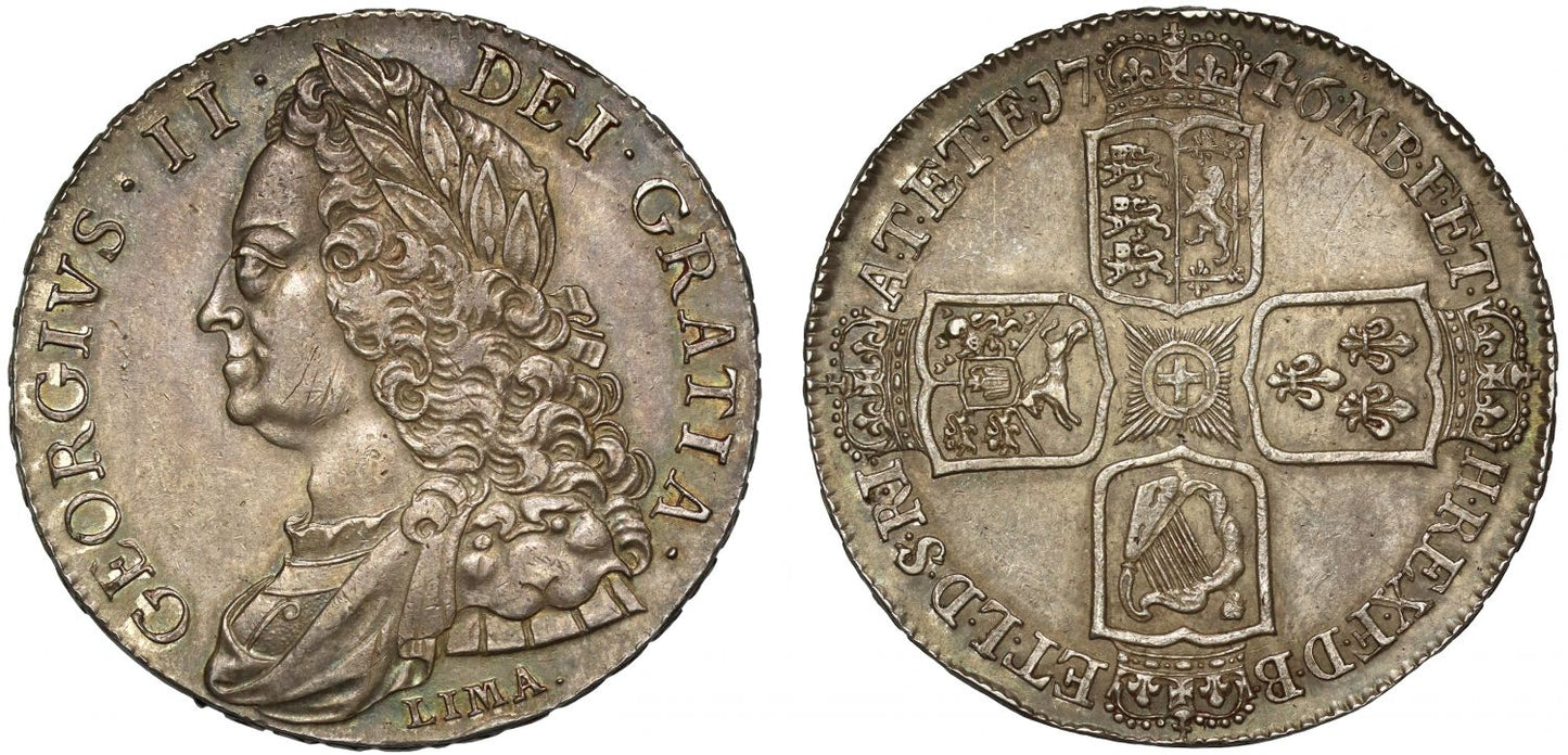 George II 1746 LIMA Crown older head, AU55, made from captured treasure