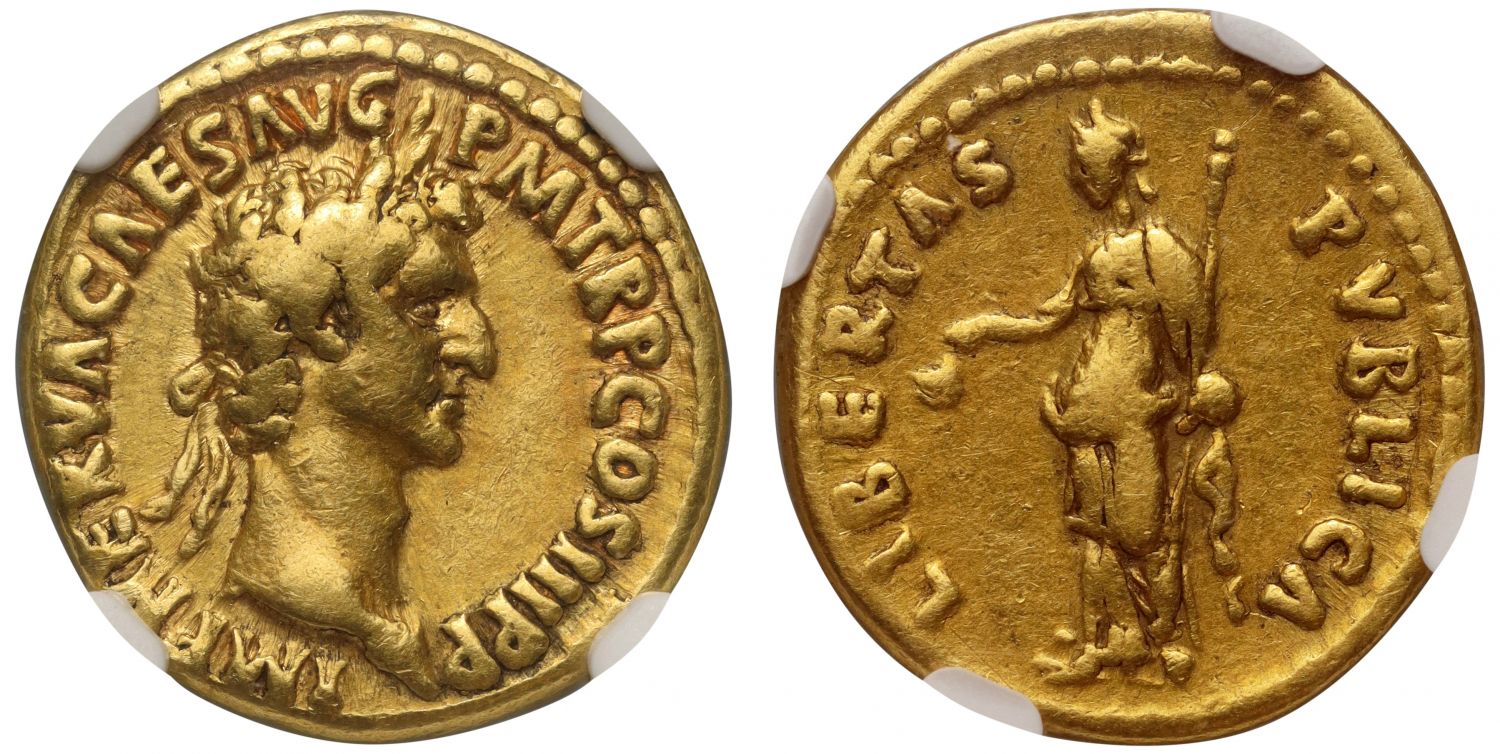 Nerva, Gold Aureus, Libertas, scarce type, Ch F 5/5, 3/5.