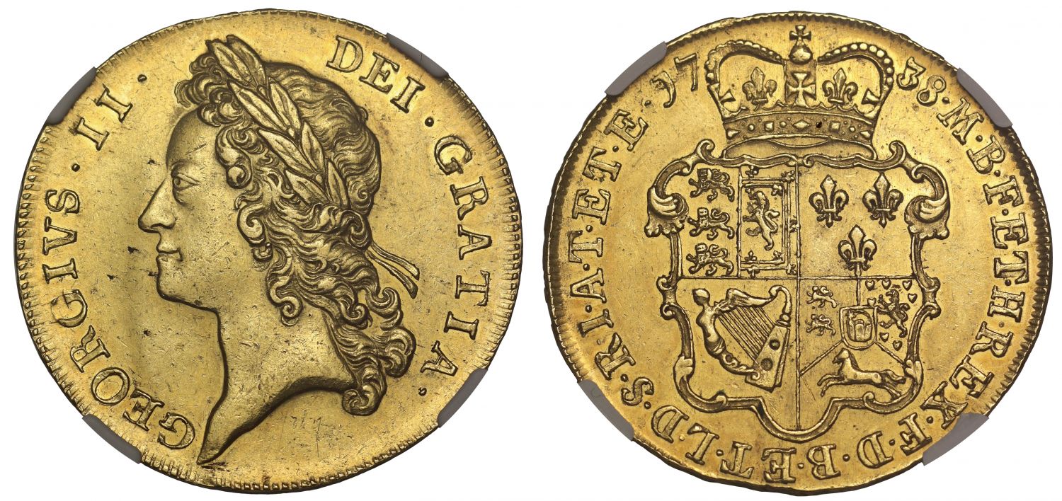 George II 1738 Five-Guineas, young head, NGC MS60