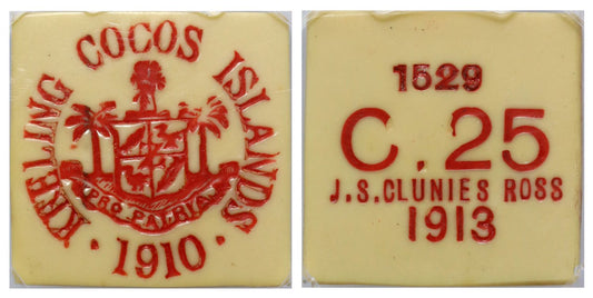 Keeling and Cocos, 1913 ivorine 25-Cents Token, AU58.