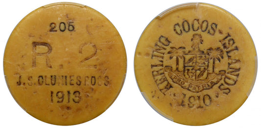 Keeling and Cocos, 1913 ivorine 2-Rupees Token, VF25.