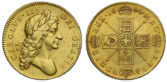 Charles II 1684, 4 over 3, Five-Guineas, second bust, final date, SEXTO edge
