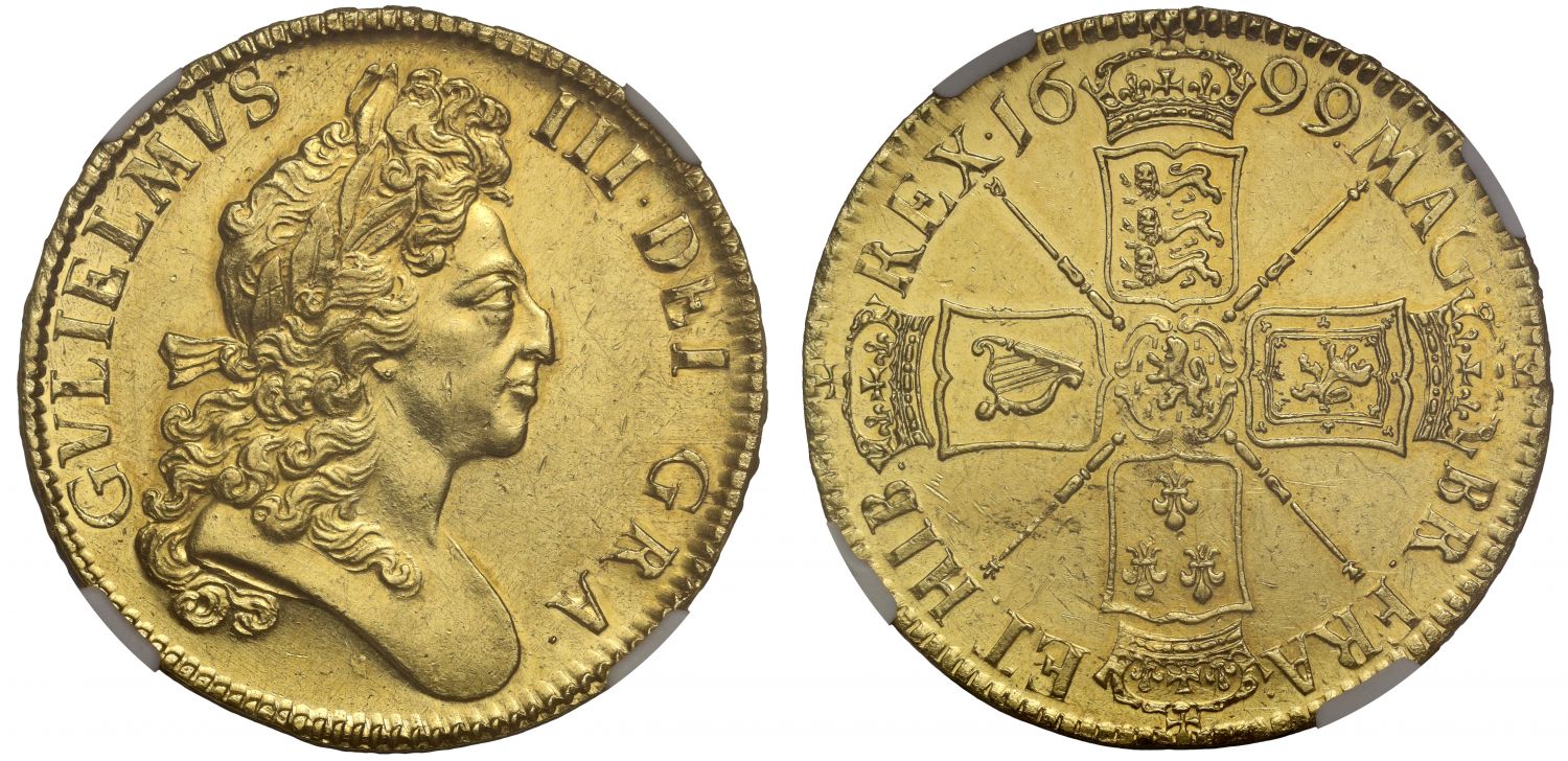 William III 1699 Five-Guineas, 1st bust, AU58, first year, edge UNDECIMO