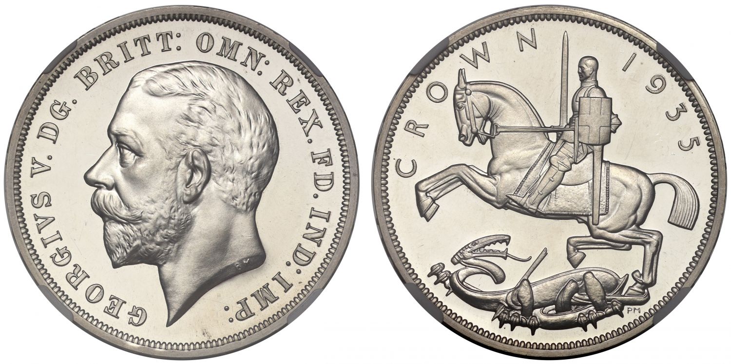 George V 1935 silver Jubilee Crown, raised edge letters NGC PF63 CAMEO