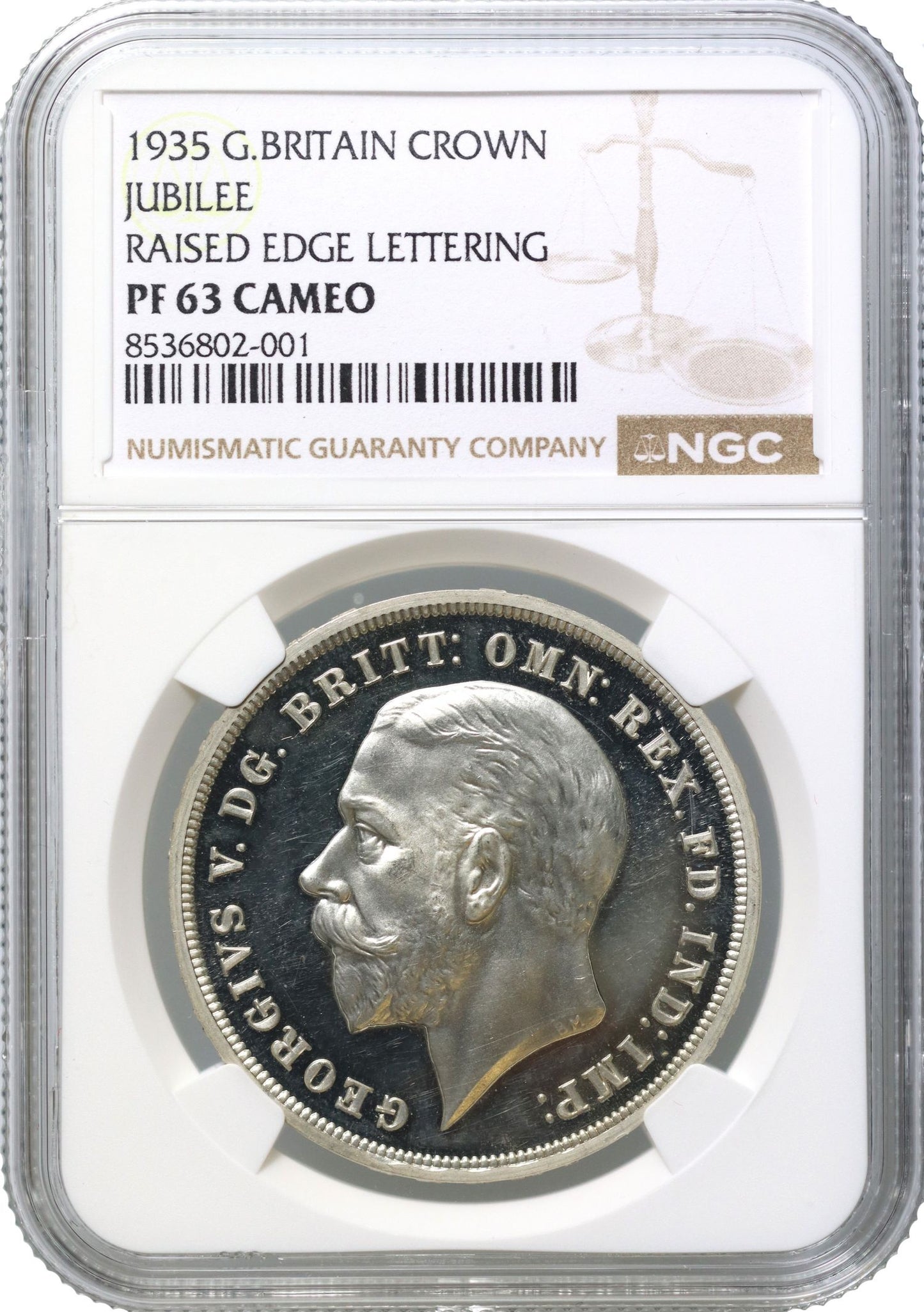 George V 1935 silver Jubilee Crown, raised edge letters NGC PF63 CAMEO