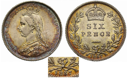 Victoria 1887 silver Sixpence, Jubilee value reverse, thicker wreath ribbon below knot