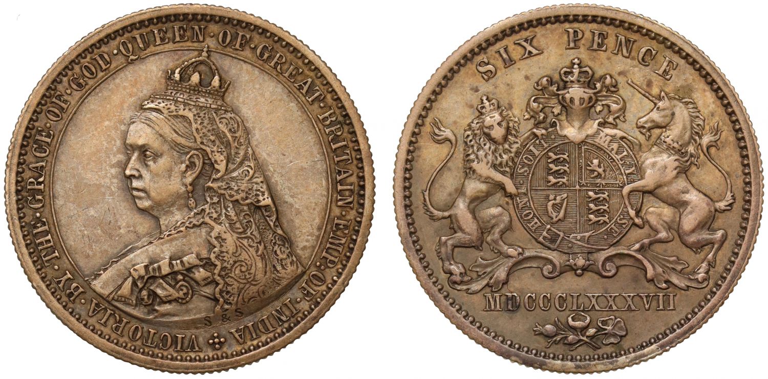 Victoria 1887 Spink Pattern silver Sixpence PF53, milled edge with S&S truncation, Bull 3315