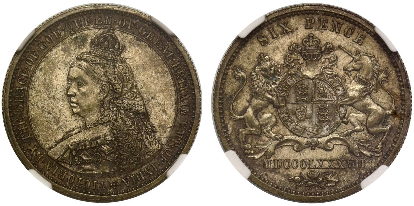 Victoria 1887 Spink silvered-brass pattern Sixpence PF61, M.E., JRT on truncation R7