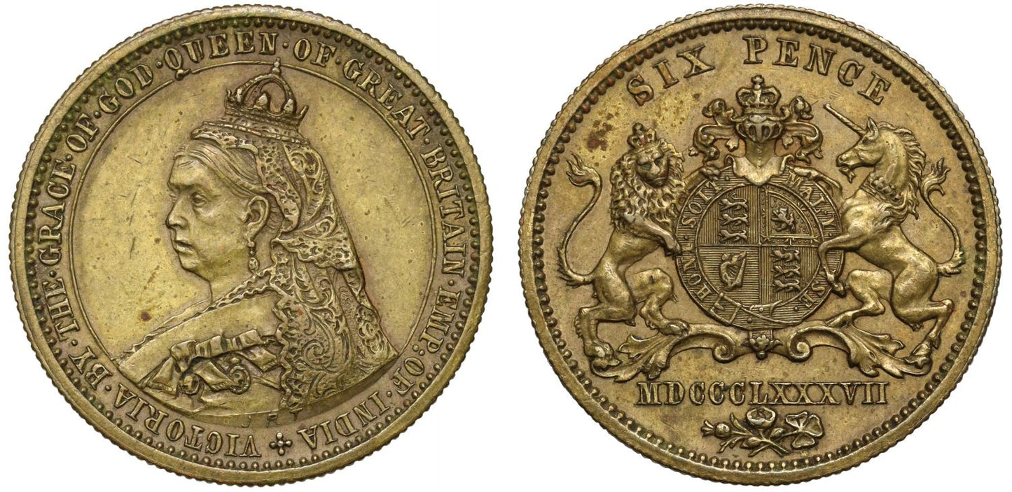 Victoria 1887 Spink brass pattern Sixpence PF55 milled edge, JRT truncation R5, ex Bole
