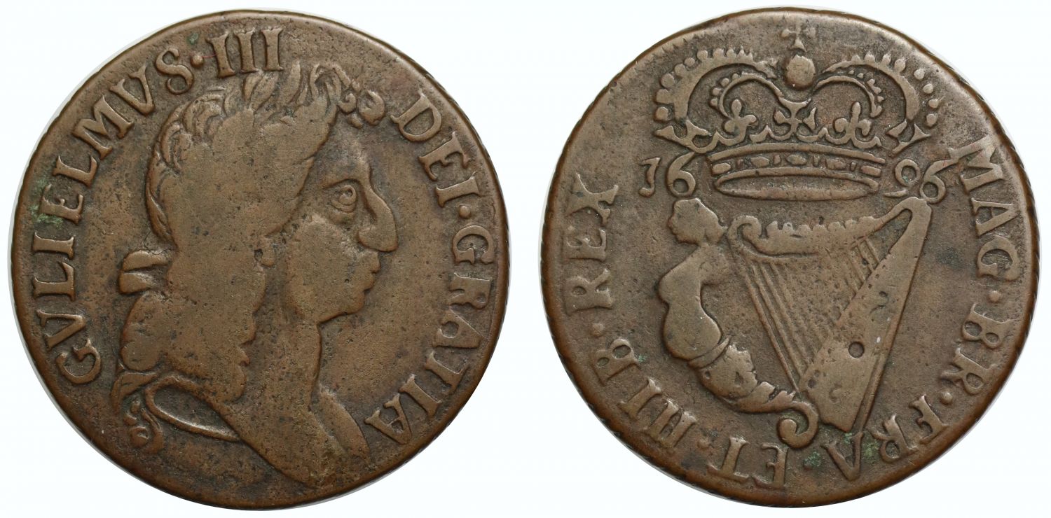 Ireland, William III 1696 copper Halfpenny, type 2 cruder bust S.6599 very rare