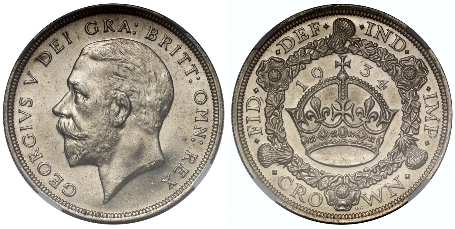 George V 1934 'Wreath' Crown, MS64, rarest key date of the type