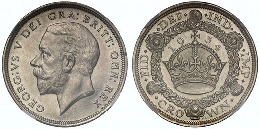 George V 1934 'Wreath' Crown, MS64, rarest key date for the type