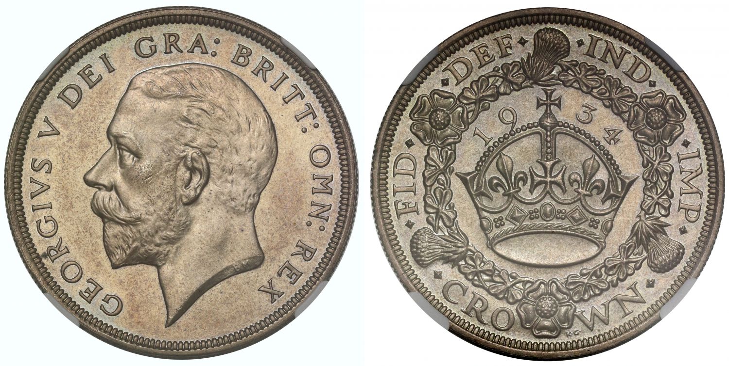George V 1934 'Wreath' V.I.P. proof Crown, PF65, exceptional rarity