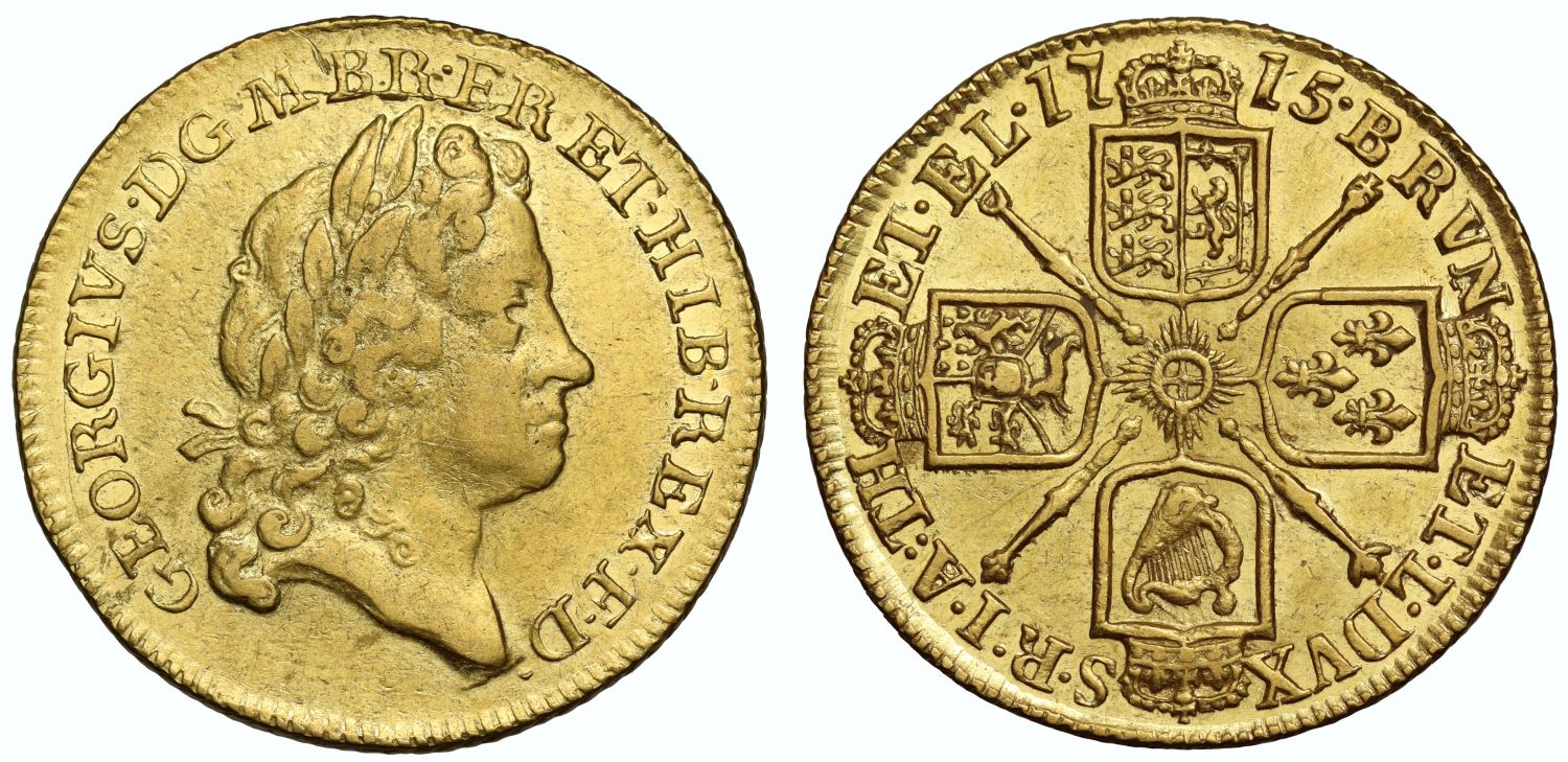 George I 1715 Guinea, 2nd bust, a little water worn, rare one year only issue