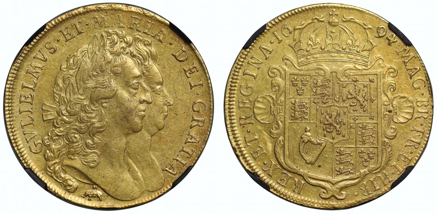 William and Mary 1694 Five-Guineas, elephant & castle, AU53, rarest of reign, ex Pallas