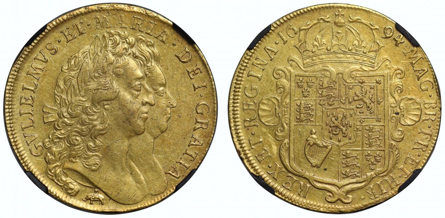 William and Mary 1694 Five-Guineas, elephant & castle, AU53, rarest of reign, ex Pallas