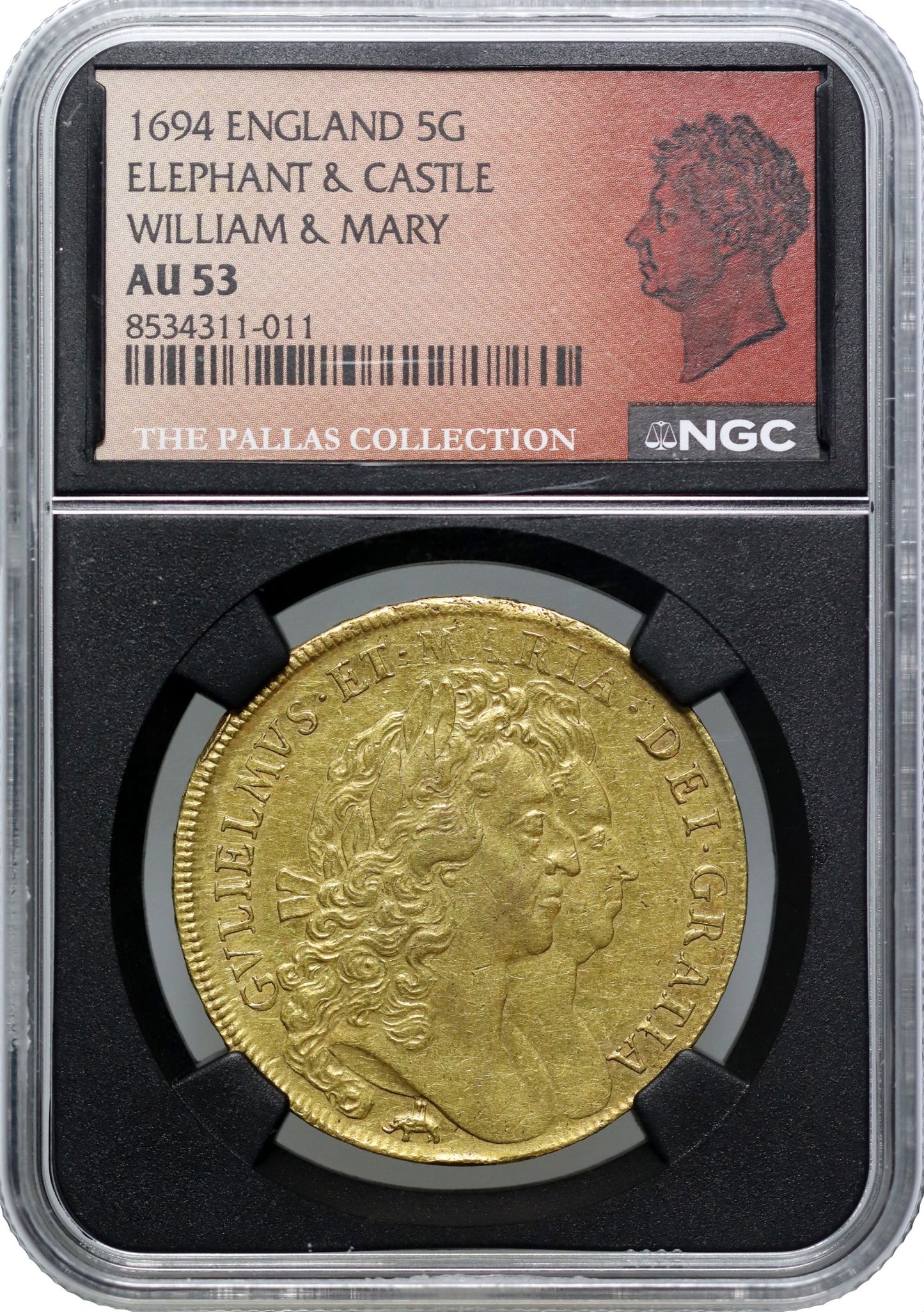 William and Mary 1694 Five-Guineas, elephant & castle, AU53, rarest of reign, ex Pallas