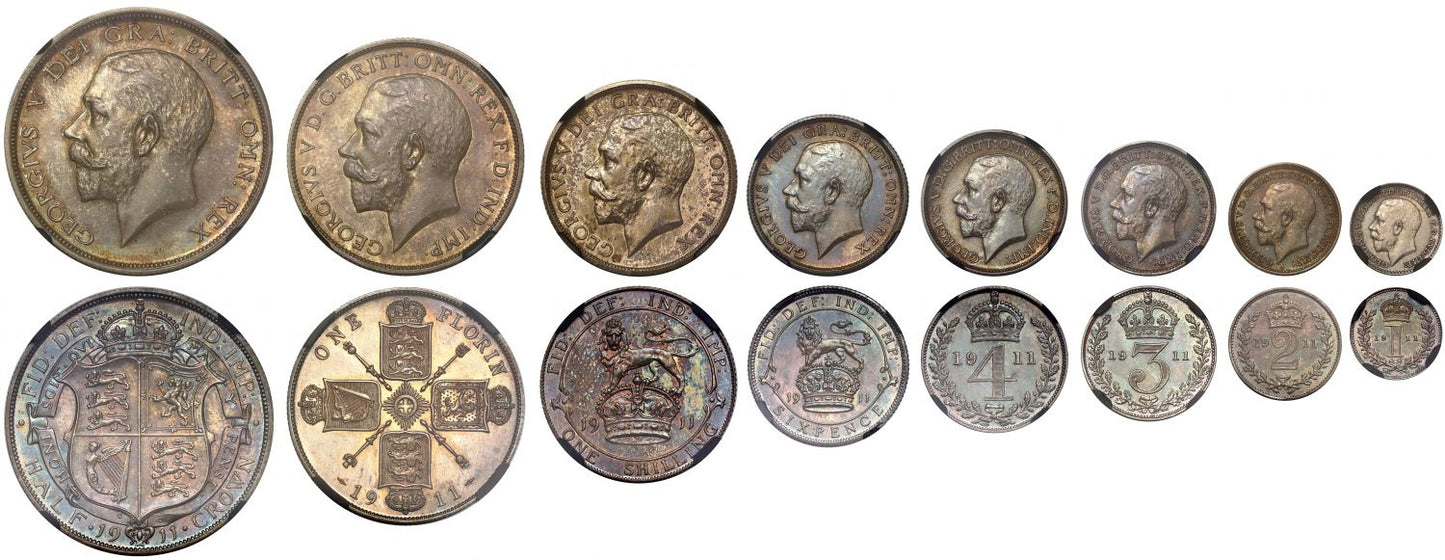 George V 1911 8-coin silver proof Set, NGC graded PF64-PF65