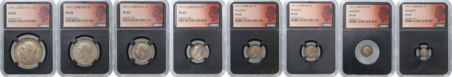 George V 1911 8-coin silver proof Set, NGC graded PF64-PF65