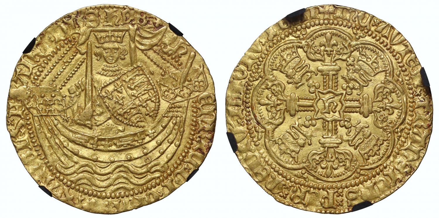 Henry V Noble, class C, Tower mint, AU58, ex Fishpool Hoard and Carrington