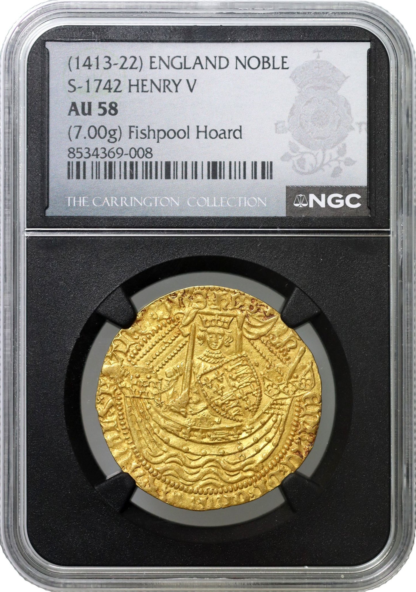 Henry V Noble, class C, Tower mint, AU58, ex Fishpool Hoard and Carrington