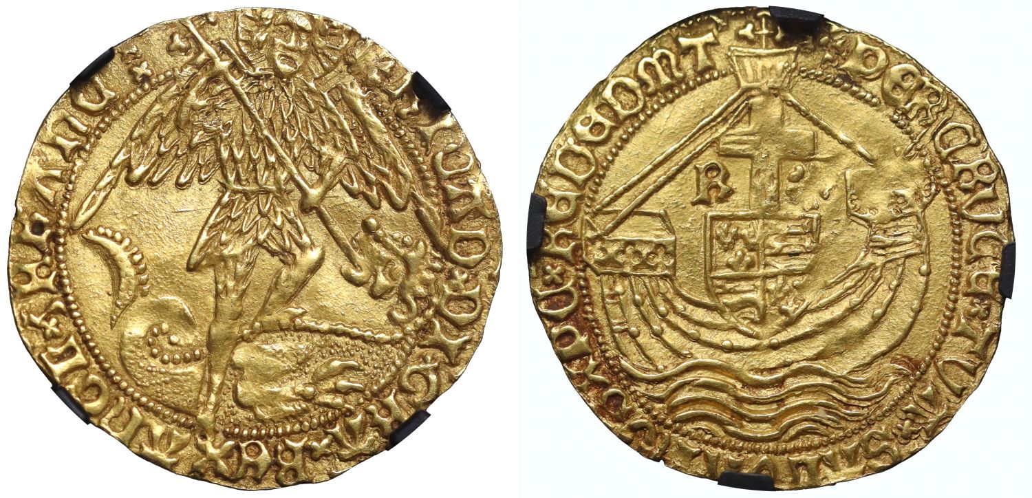 Richard III Angel, Type 3, RICAD & REDEDMT spelling errors, AU58, im 1/2 sun rose