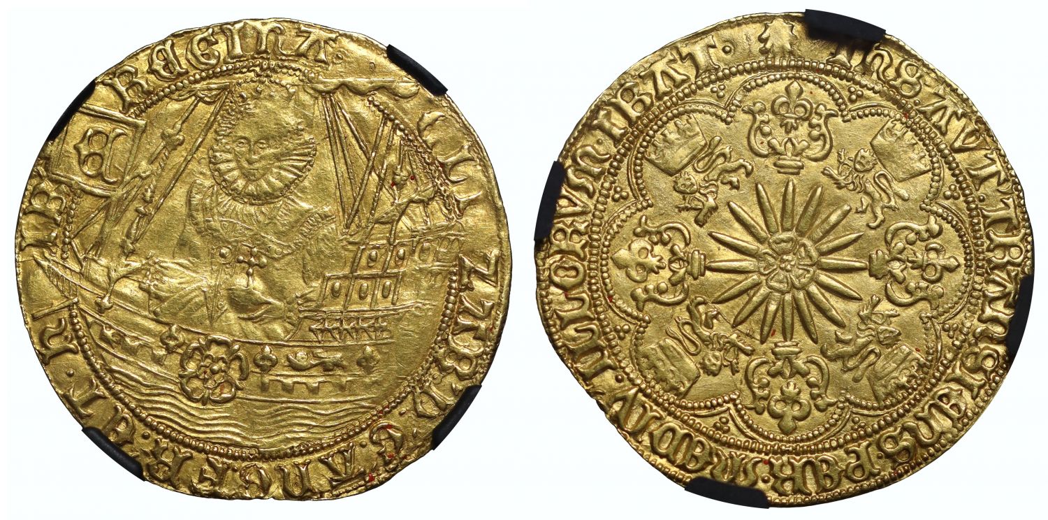 Elizabeth I 'Ship Ryal', sixth issue, Tower mint, mm escallop, NGC AU58