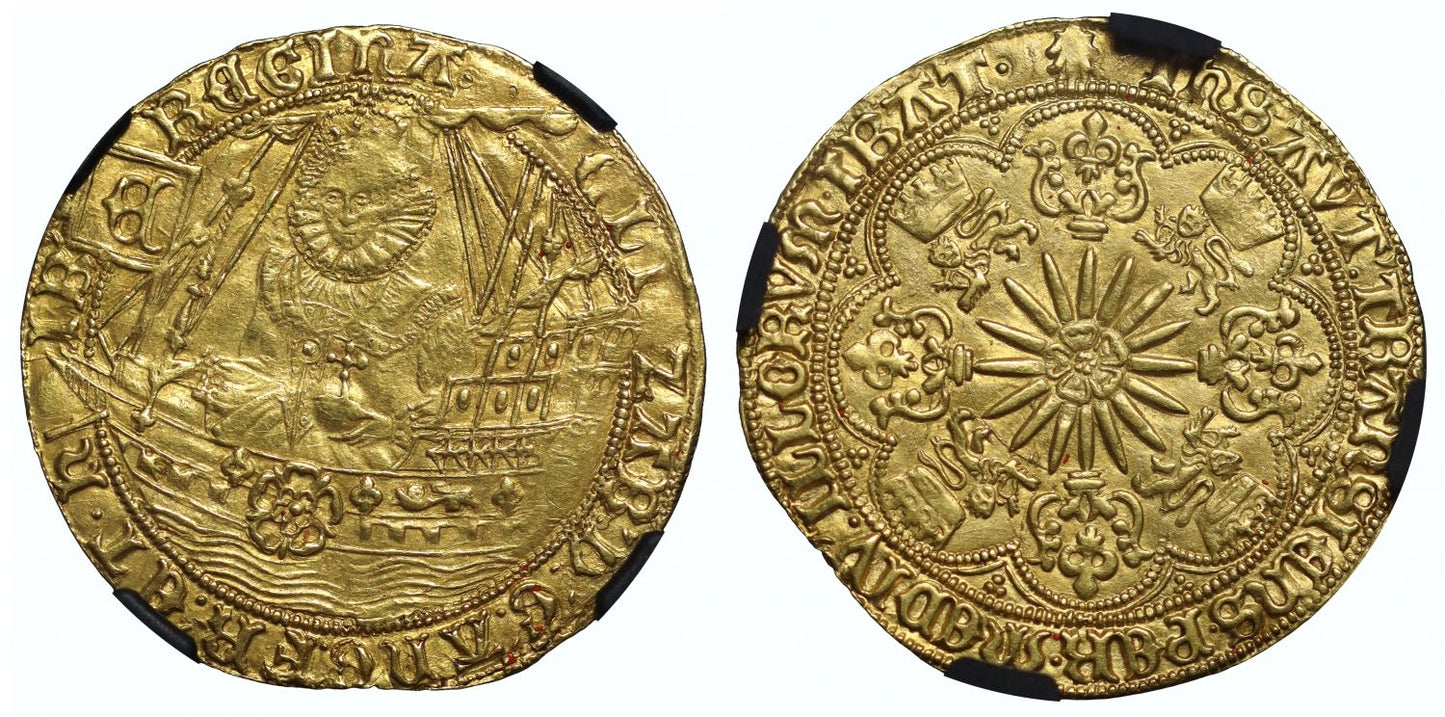 Elizabeth I 'Ship Ryal', sixth issue, Tower mint, mm escallop, NGC AU58