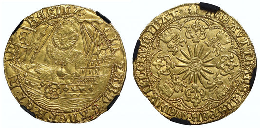 Elizabeth I 'Ship Ryal', sixth issue, Tower mint, mm escallop, NGC AU58