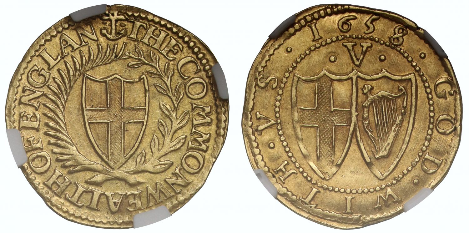 Commonwealth 1658 gold Crown mintmark anchor, finest graded MS63