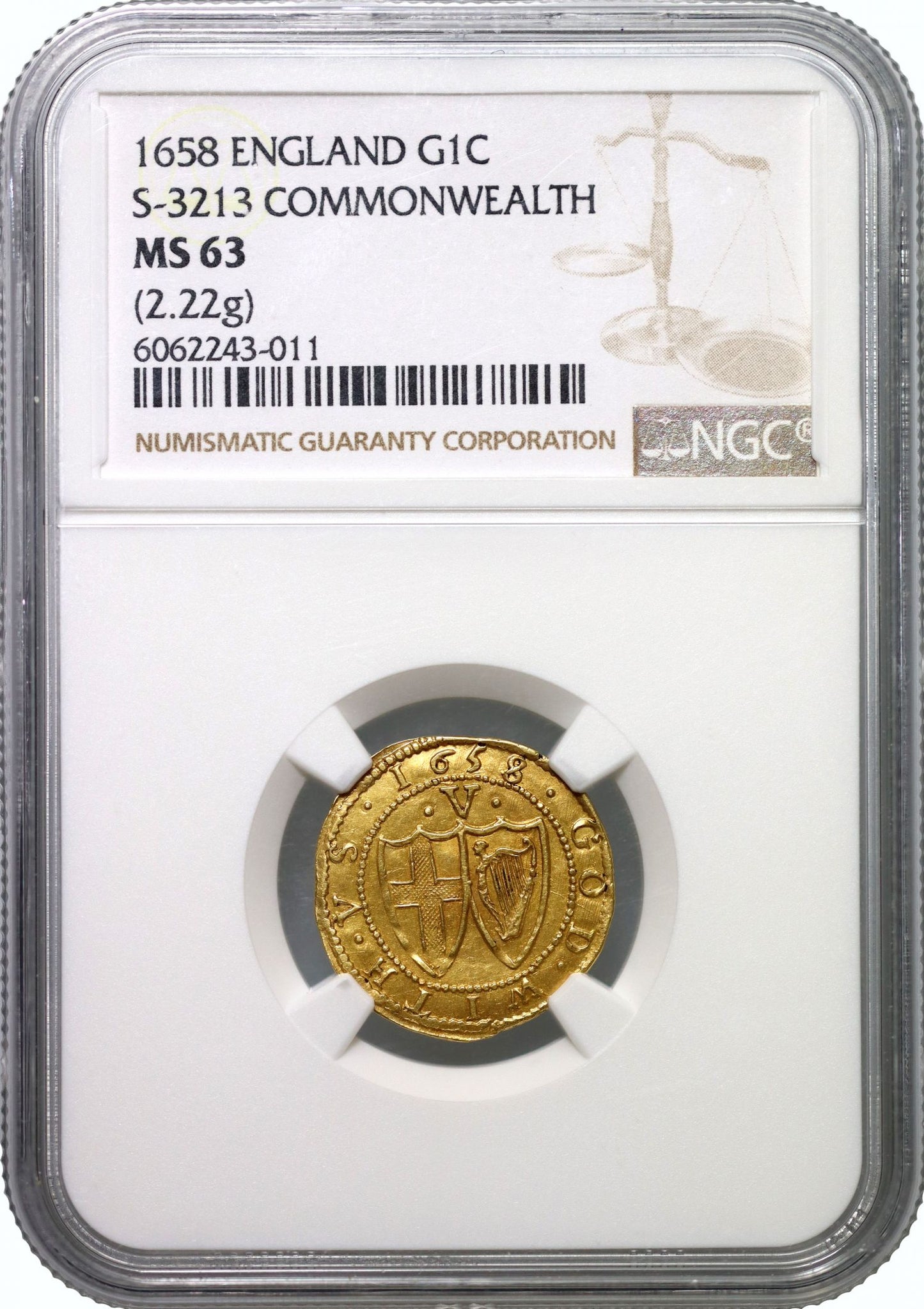 Commonwealth 1658 gold Crown mintmark anchor, finest graded MS63