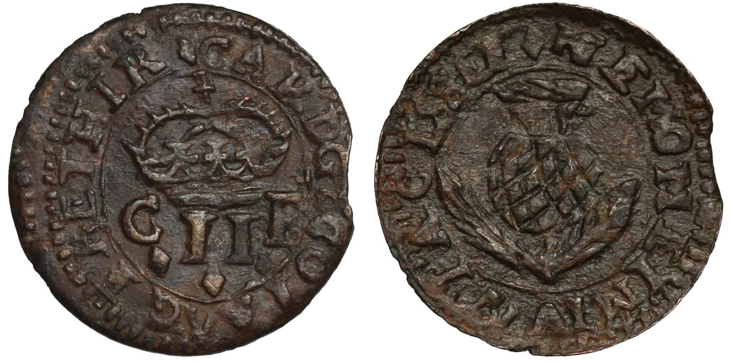 Scotland, Charles I copper Twopence, Type 1a, English Crown mm lozenge