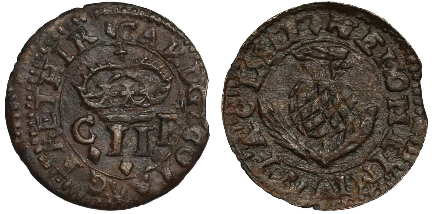 Scotland, Charles I copper Twopence, Type 1a, English Crown mm lozenge