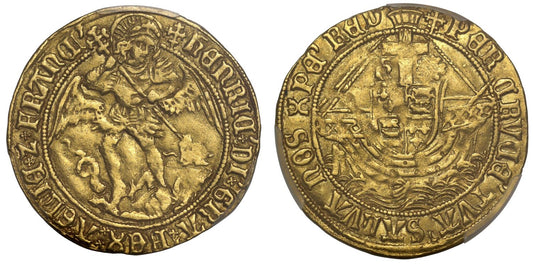 Henry VII Angel, mm cross crosslet, AU53, no saltire stops on reverse
