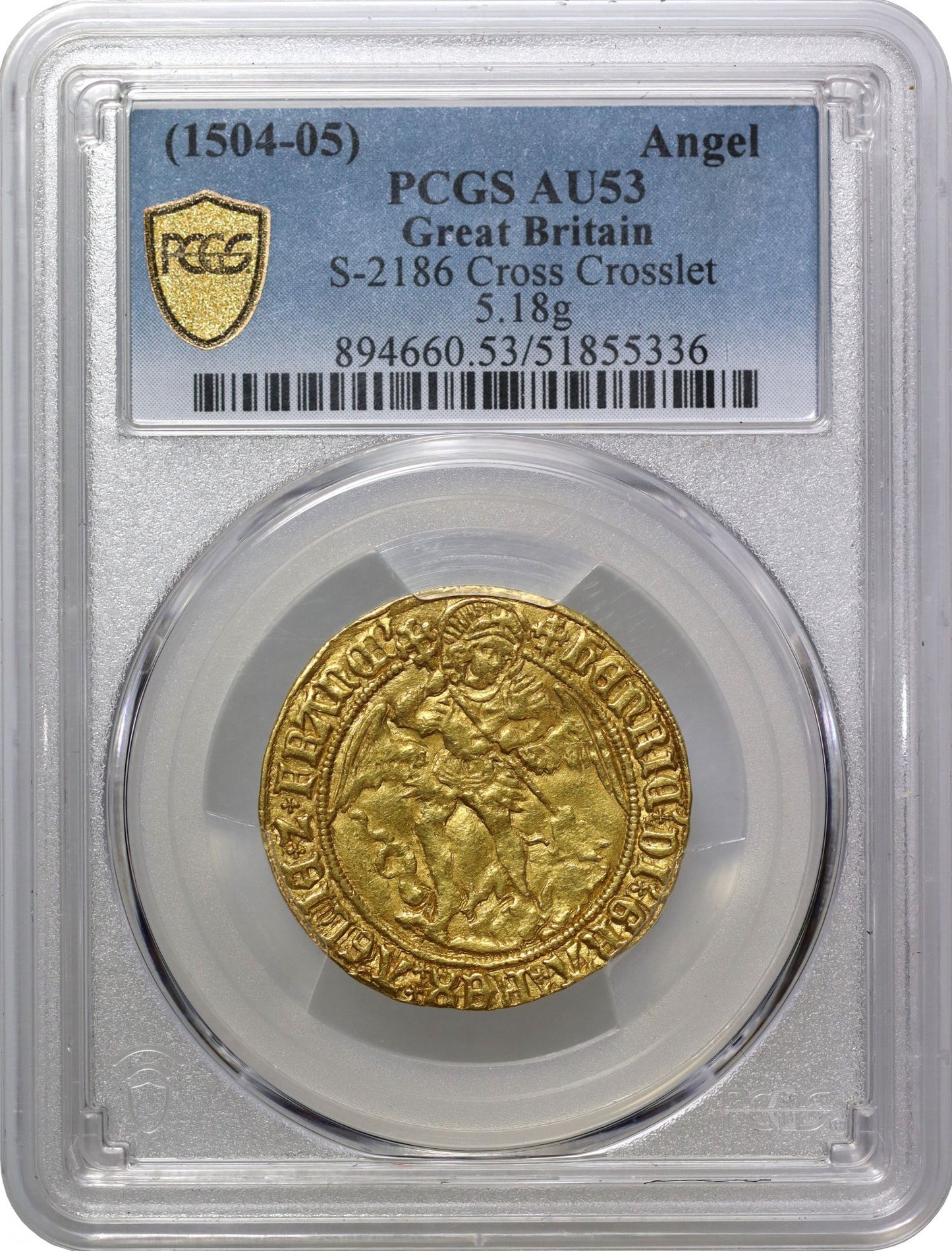 Henry VII Angel, type IV, mm cross crosslet, AU53, no saltire stops on reverse