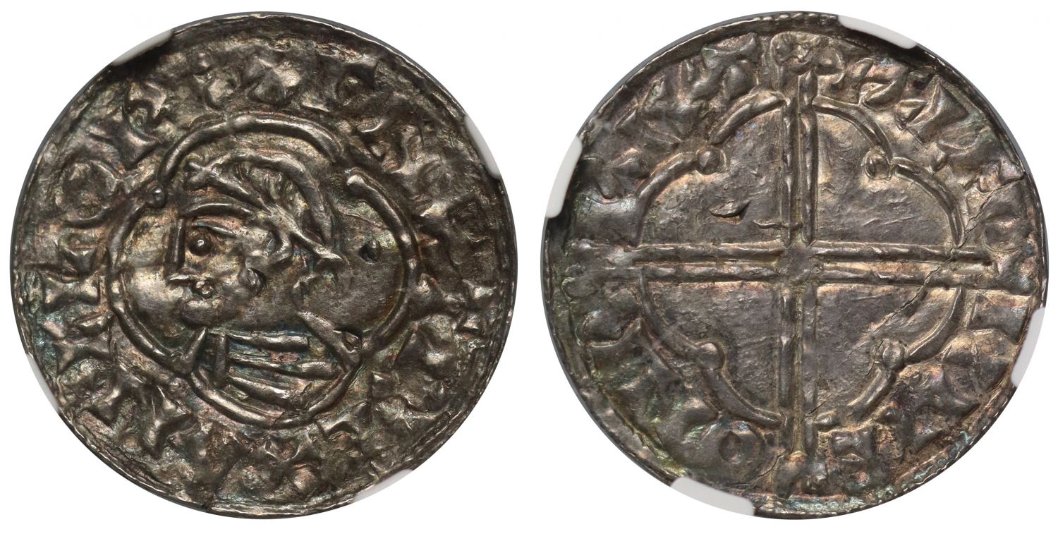 Canute Penny, Quatrefoil type, Bruton, Aelfwine, extra pellet behind bust