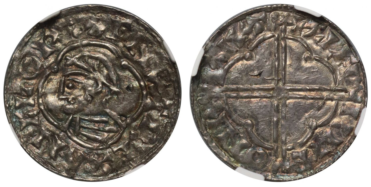 Canute Penny, Quatrefoil type, Bruton, Aelfwine, extra pellet behind bust