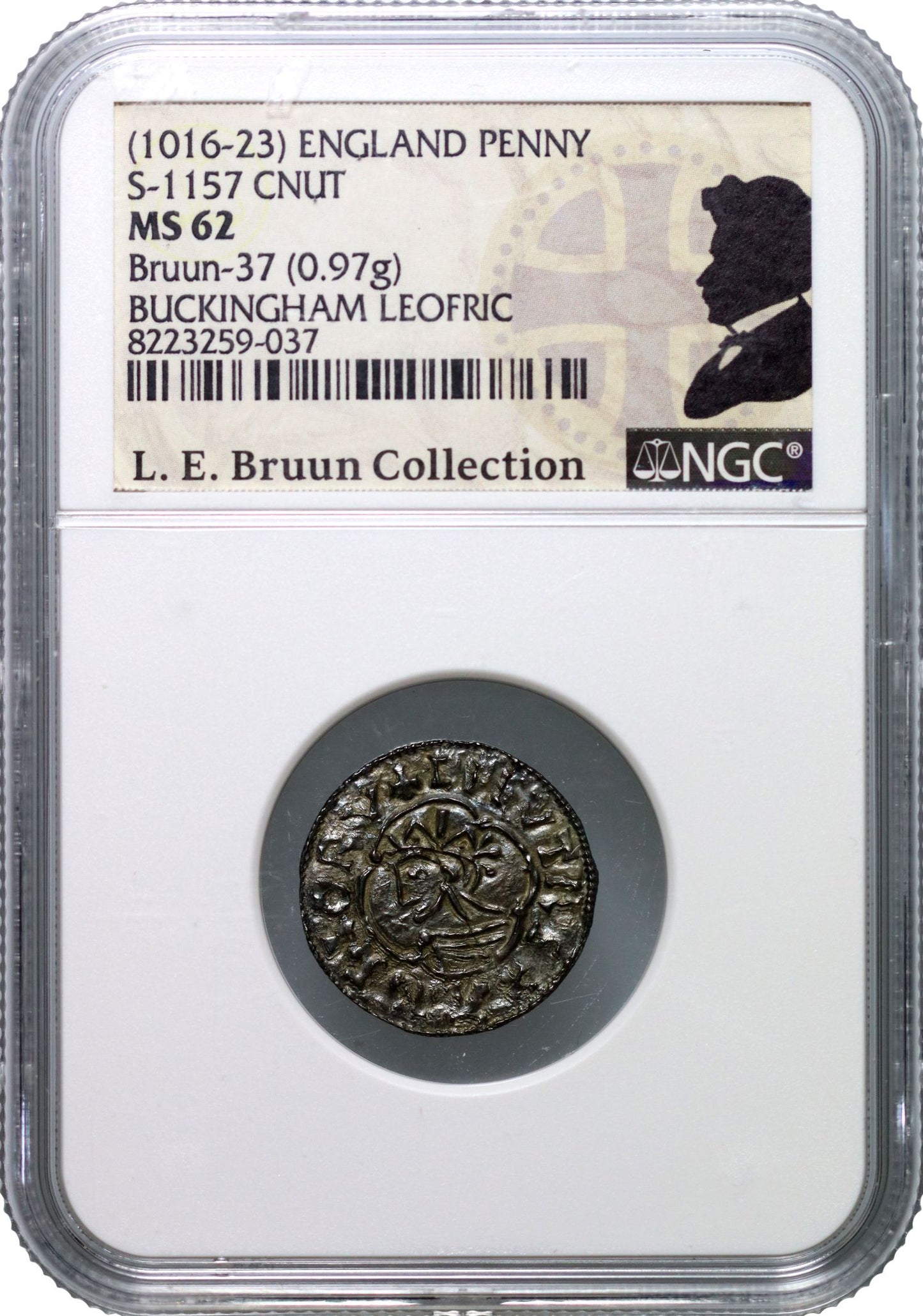 Canute Penny, Quatrefoil type, Buckingham, Leofric, MS62 extremely rare, ex Bruun