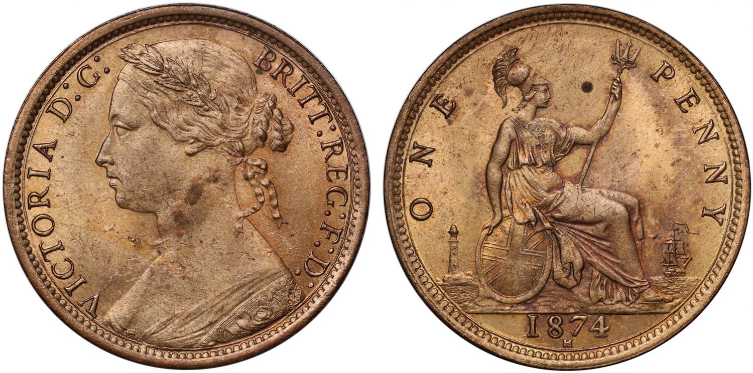 Victoria 1874 H bronze Penny, Heaton Mint, narrow date, 17 leaves, 6 berries, ex Baldwin vault