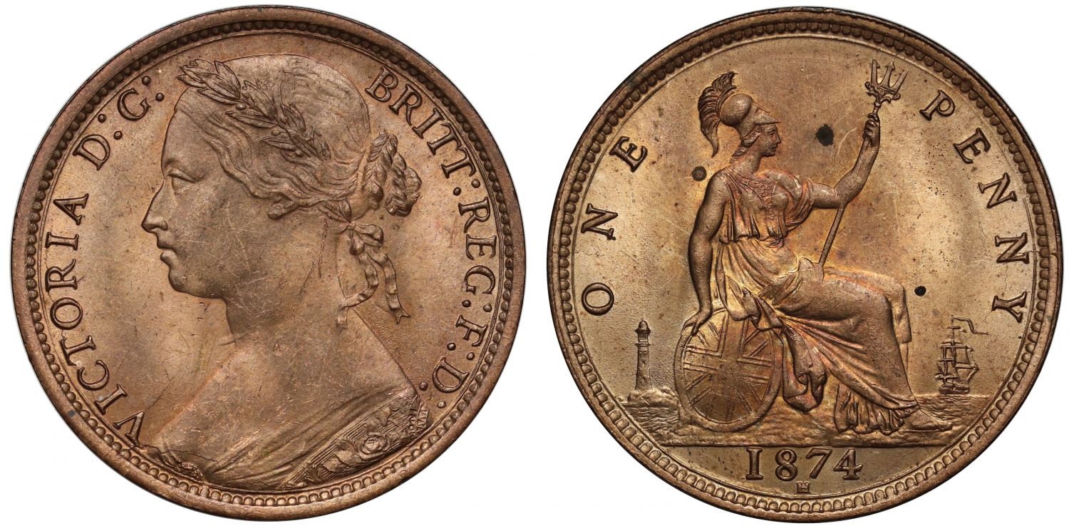 Victoria 1874-H bronze Penny, Heaton Mint, narrow date, 17 leaves, 6 berries, ex Baldwin vault