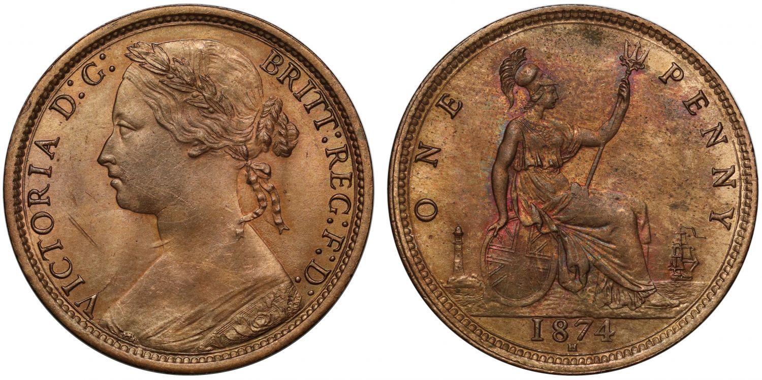 Victoria 1874 H bronze Penny, Heaton Mint, narrow date, 17 leaves, 6 berries, ex Baldwin vault