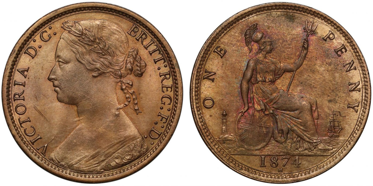 Victoria 1874 H bronze Penny, Heaton Mint, narrow date, 17 leaves, 6 berries, ex Baldwin vault