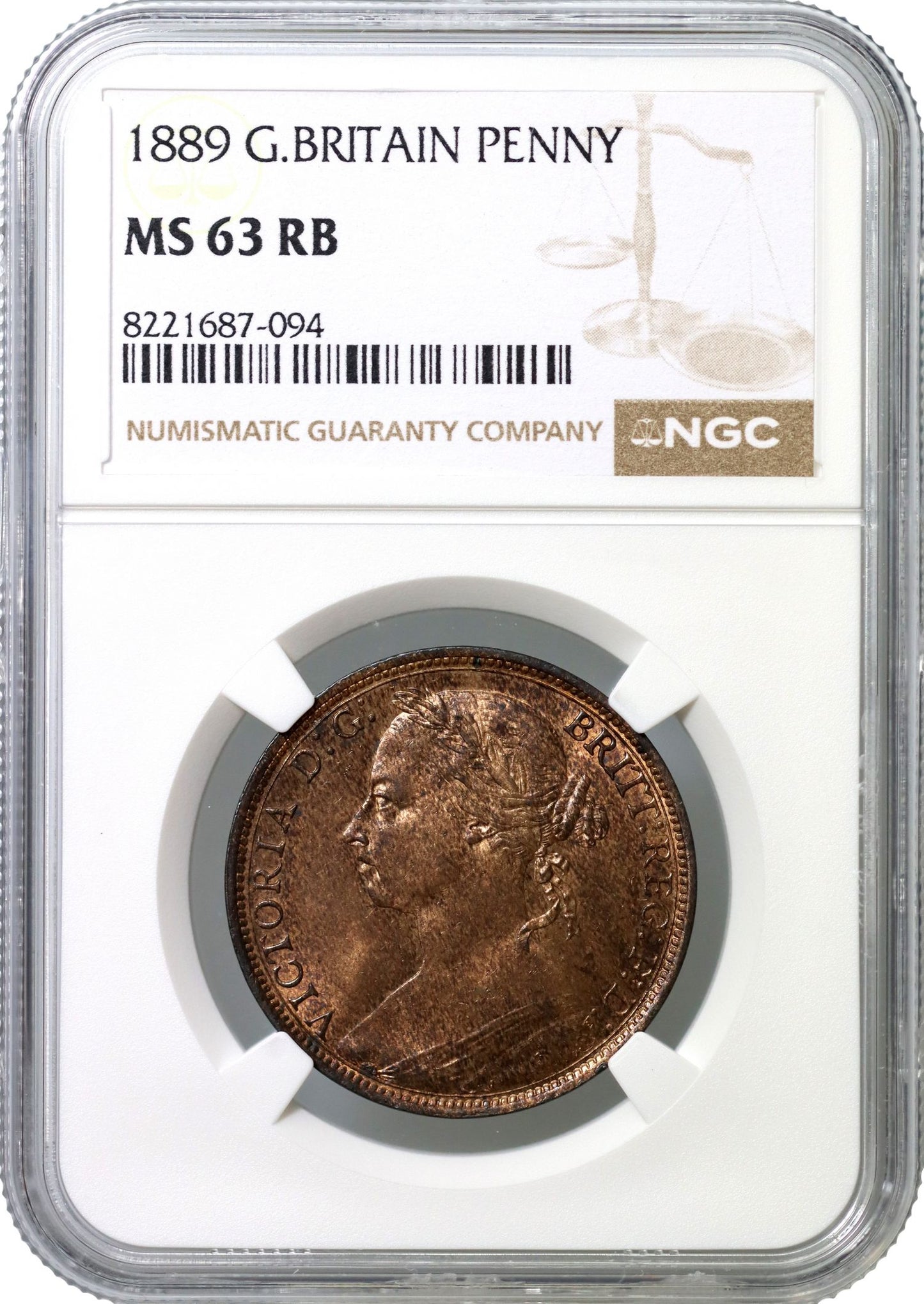 Victoria 1889 bronze Penny, narrow date Gouby B - NGC MS63 RB