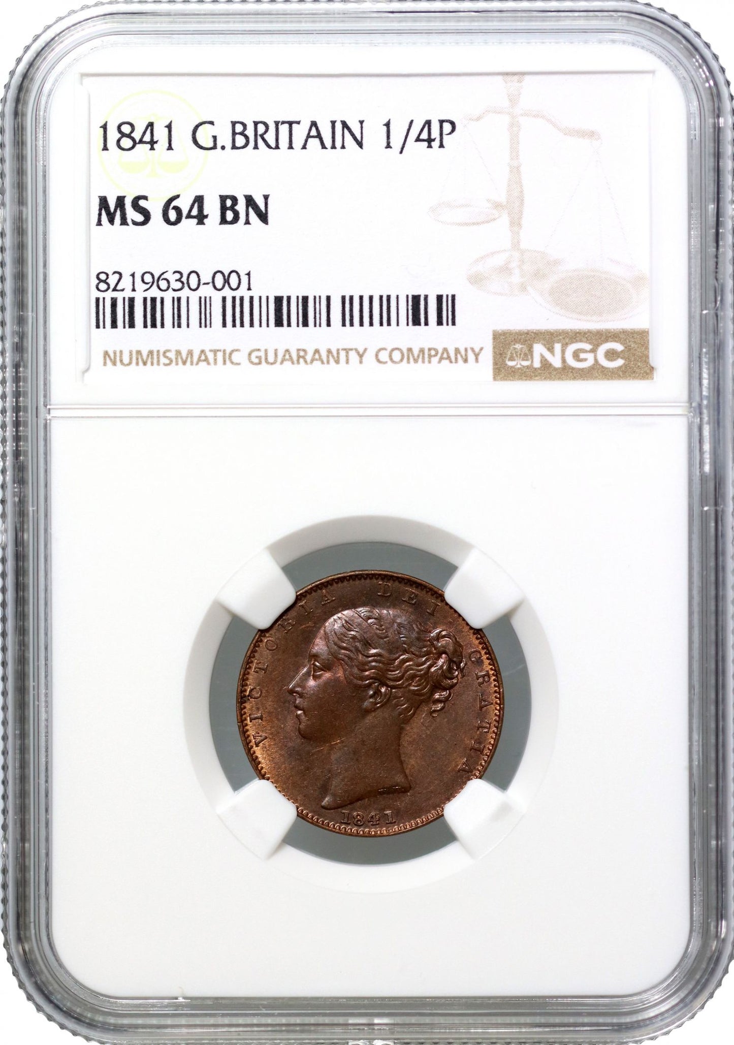 Victoria 1841 copper Farthing NGC MS64 BN