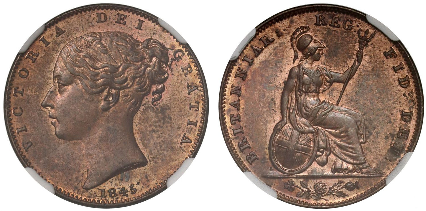 Victoria 1845 copper Farthing, MS62 RB